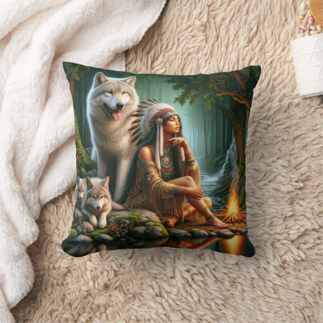 Native American Woman With Wolves by Fire Cushion (Blanket)