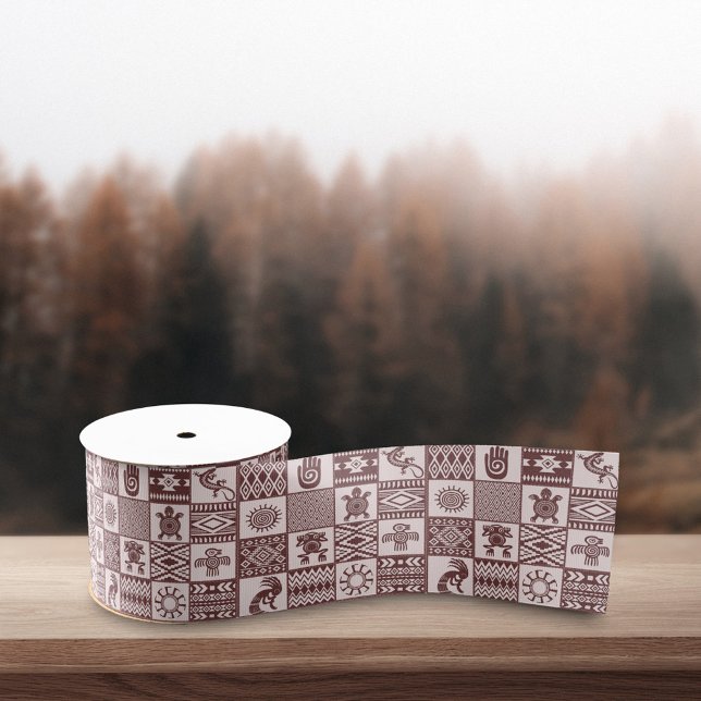 Native Americans Ethnic Symbols Brown Pattern Grosgrain Ribbon (Creator Uploaded)