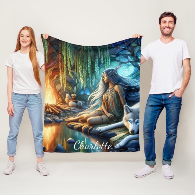 Native and wolf by water Tranquil scene Fleece Blanket (In Situ)