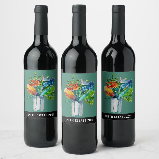 Native Australian Flowers watercolour Wine Label (Bottles)