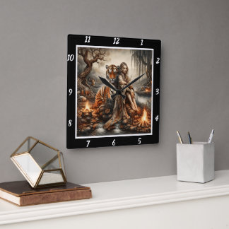 Native Awakening: Tiger's Roar Forest's Light Square Wall Clock