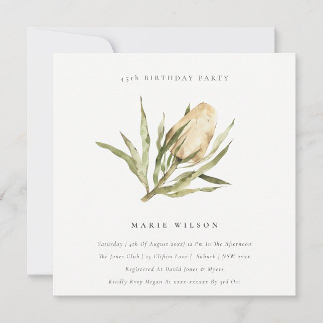 Native Banksia Watercolor Floral Any Age Birthday Invitation (Front)