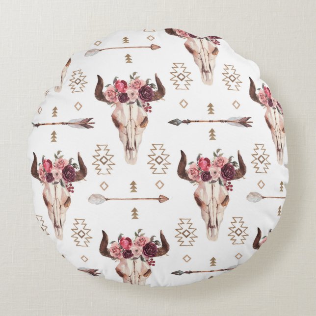 Native bull skul and arrows tribal seamless patter round cushion (Front)