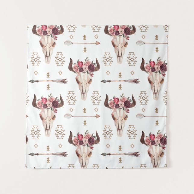 Native bull skul and arrows tribal seamless patter tapestry (Front)