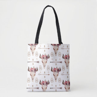Native bull skul and arrows tribal seamless patter tote bag