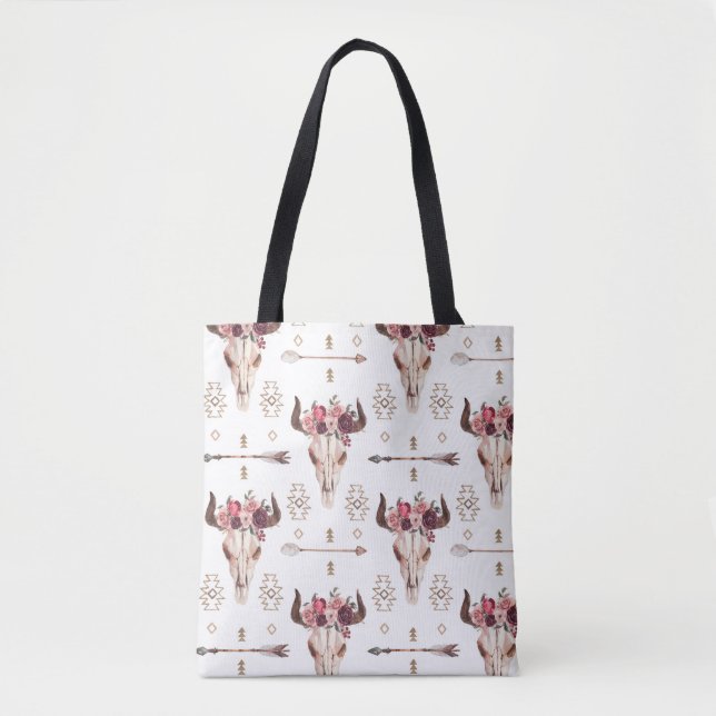Native bull skul and arrows tribal seamless patter tote bag (Front)