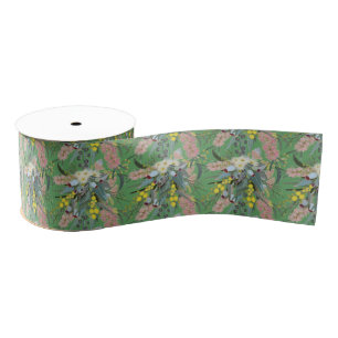 Native Bush Blooms Summer Green Grosgrain Ribbon
