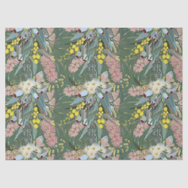 Native Bush Blooms Vintage Green Tissue Paper (Front)