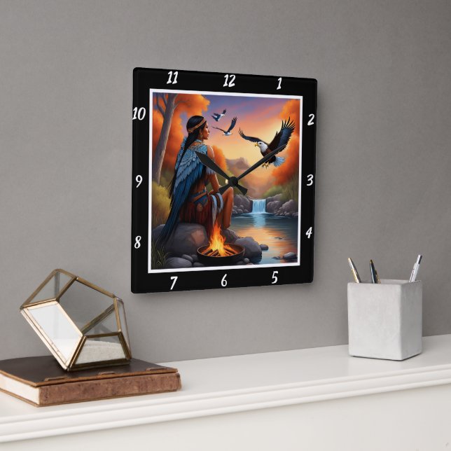 Native Currents: Eagle's Dive River's Gleam Square Wall Clock (Office)