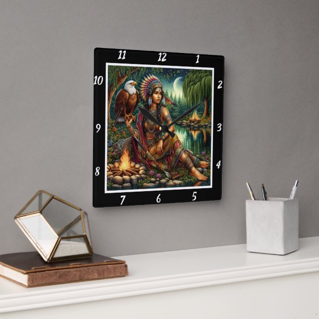 Native Dawn: Eagle's Cry Forest's Light Square Wall Clock (Office)