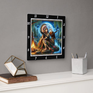 Native Dreams: Eagle's Eyes Moon's Reflection Square Wall Clock