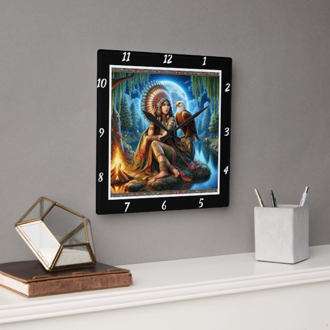 Native Dreams: Eagle's Eyes Moon's Reflection Square Wall Clock (Office)