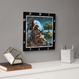 Native Dreams: Eagle's Wings Moon's Radiance Square Wall Clock