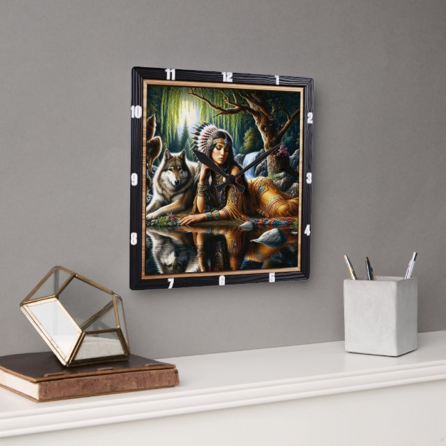 Native Earth Wolf Glade Guardian Still Square Wall Clock (Office)