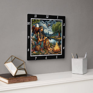 Native Evenings: Eagle's Watch Willow's Murmur Square Wall Clock