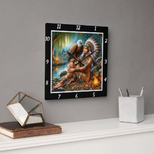 Native Flight: Eagle's Gaze River's Flow Square Wall Clock