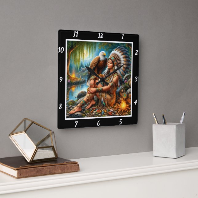 Native Flight: Eagle's Gaze River's Flow Square Wall Clock (Office)