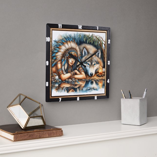 Native Gathering: Sacred Fire Stone Wisdom Square Wall Clock (Office)