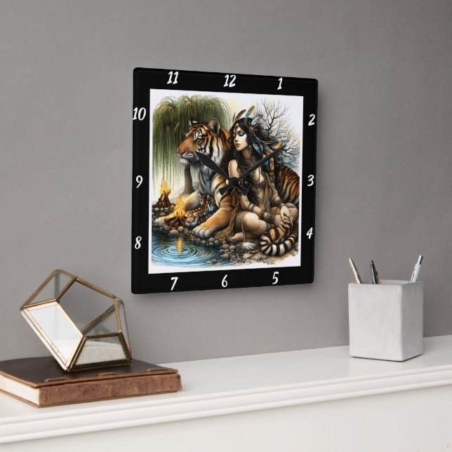Native Gathering: Tiger's Strength Sacred Fire Square Wall Clock (Office)
