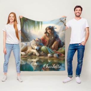 Native girl enjoying a moment with her wolf fleece blanket