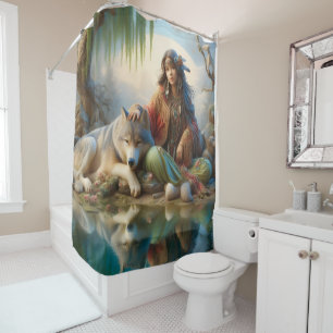 Native girl enjoying a moment with her wolf shower curtain
