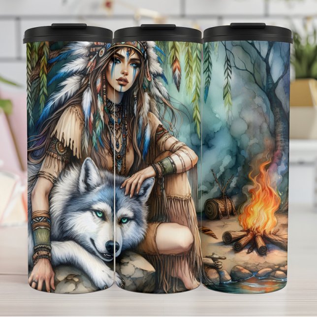 Native Grace, Wolf Spirit, Firelit Night. Thermal Tumbler (Creator Uploaded)