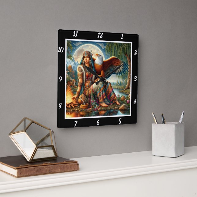 Native Havens: Eagle's Domain River's Serenity Square Wall Clock (Office)