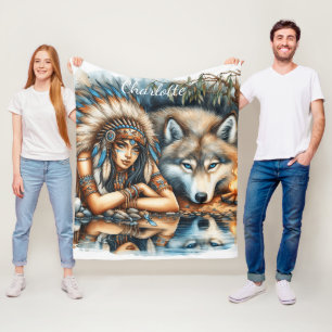 Native Indian and her wolf companion Fleece Blanket