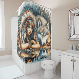 Native Indian and her wolf companion Shower Curtain