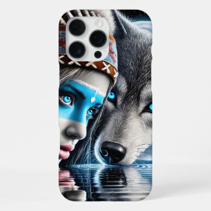 Native Indian and Wolf Reflection Scene iPhone 16 Pro Max Case