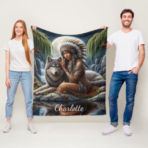 Native Indian and wolf share moonlight Fleece Blanket