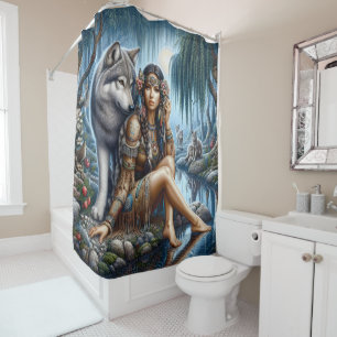 Native Indian and wolf share moonlight Shower Curtain