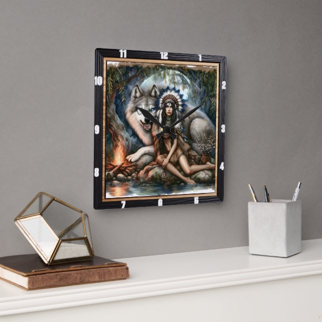 Native Indian Earth Clock: The Silent Bond Square Wall Clock (Office)