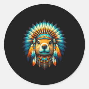 Native Indian Groundhog Native American Indian Fea Classic Round Sticker