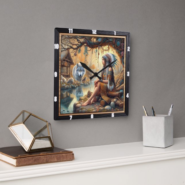 Native Indian Sanctuary: Spirit of the Wildwood Square Wall Clock (Office)