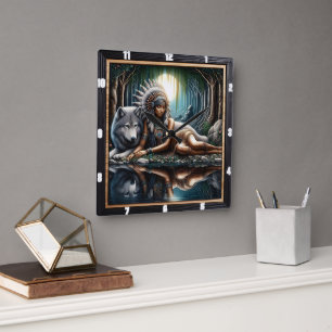 Native Indian Sanctuary: The Wolf's Watch Square Wall Clock