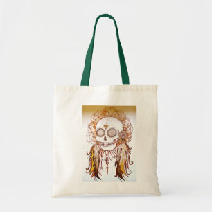 native indian skull, feathers & flowers beach bag