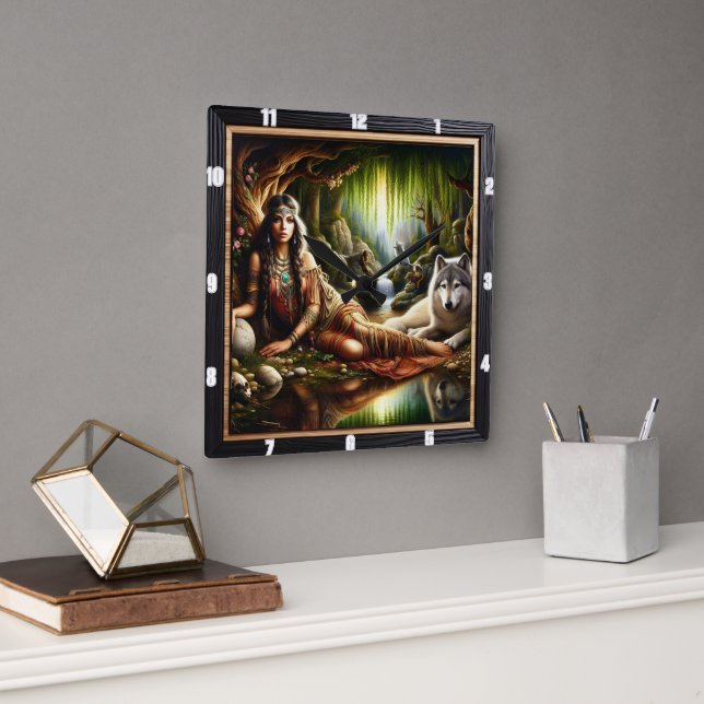 Native Indian Spirit Time: Campfire's Glow Square Wall Clock (Office)