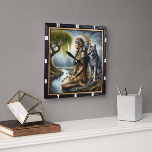 Native Indian Timekeeper: Wolf and Maiden's Glade Square Wall Clock