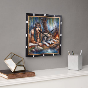 Native Indian Timekeeper: Wolf and Maiden's Glade Square Wall Clock