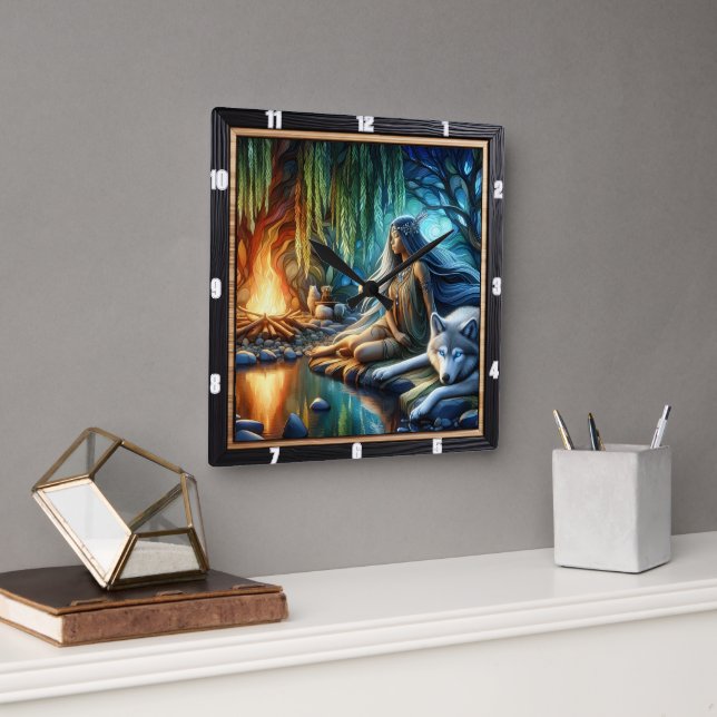 Native Indian Twilight: The Sacred Glade Square Wall Clock (Office)