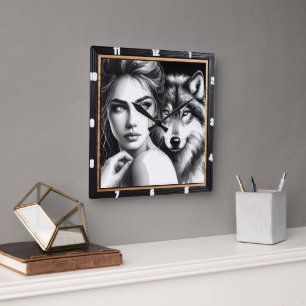 Native Indian Wolf Black And White Square Wall Clock