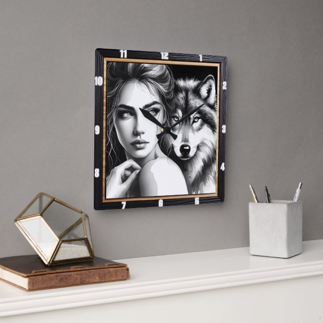 Native Indian Wolf Black And White Square Wall Clock (Office)