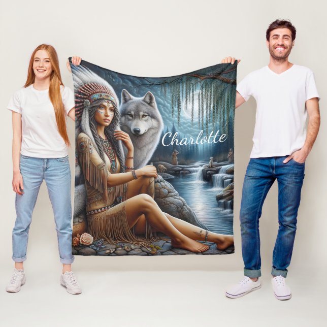 Native Indian woman and wolf by the tranquil river Fleece Blanket (In Situ)