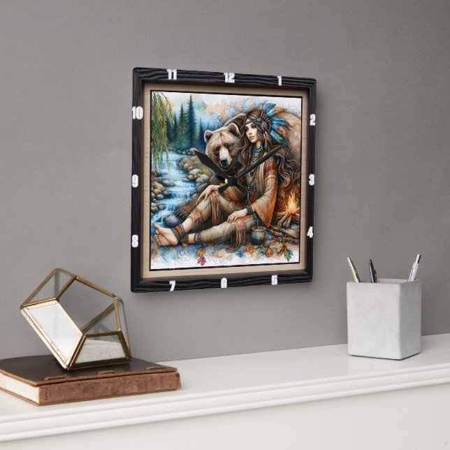 Native Indian Woman Bear Fire Square Wall Clock (Office)