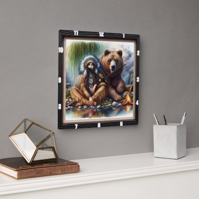 Native Indian Woman Bear Harmony Square Wall Clock (Office)
