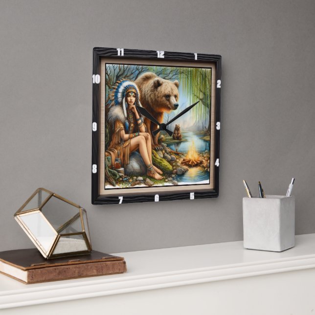 Native Indian Woman Bear Timeless  Square Wall Clock (Office)