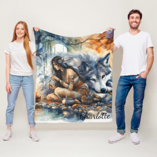 Native Indian woman crafts by the river at dusk Fleece Blanket