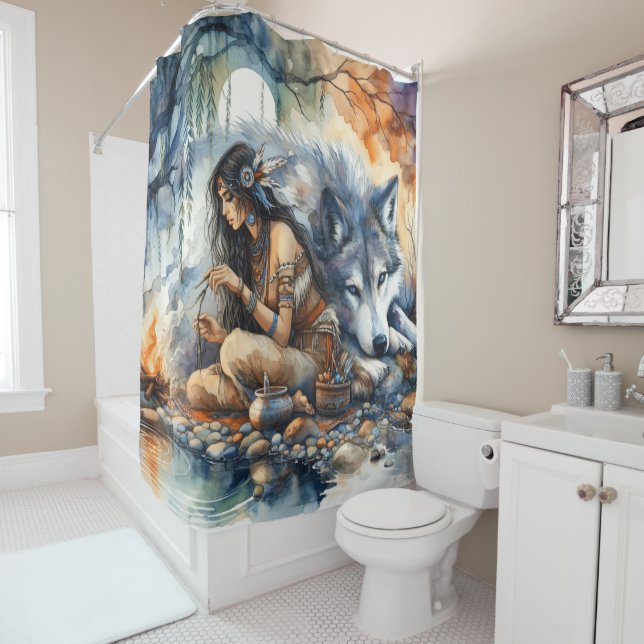 Native Indian woman crafts by the river at dusk Shower Curtain (In Situ)