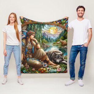 Native Indian woman peacefully rests with a wolf Fleece Blanket